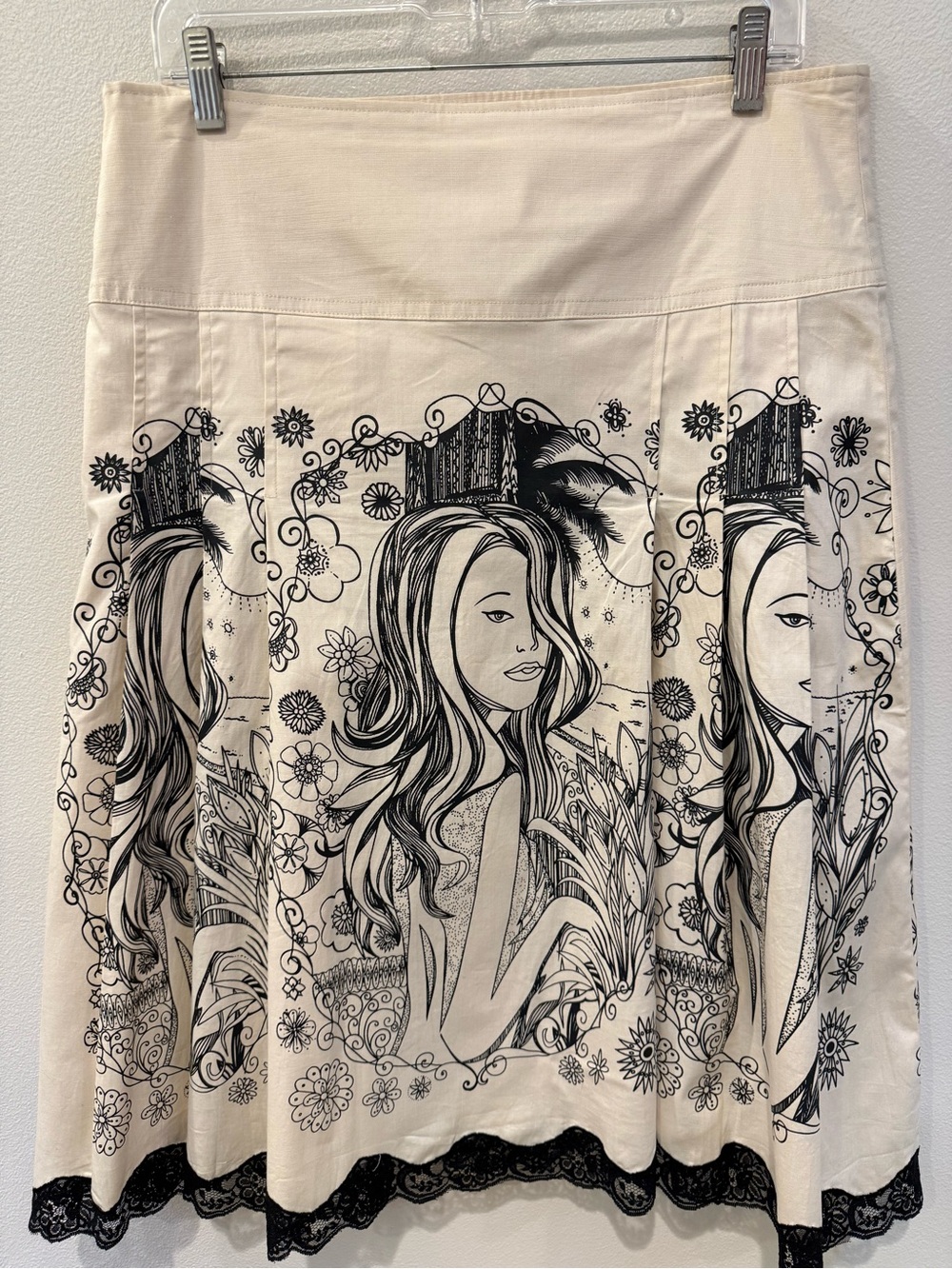 Romy Cream A-Line Skirt with Black Illustrated Panel and Lace